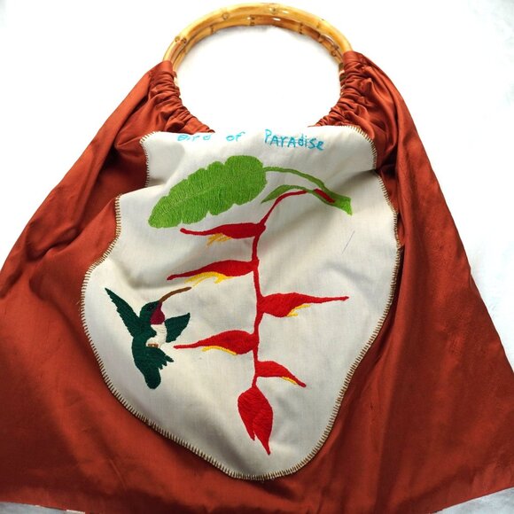 MayaBags Hand-Embroidered Bird of Paradise Bamboo Handle Tote Bag‎ - Picture 6 of 10